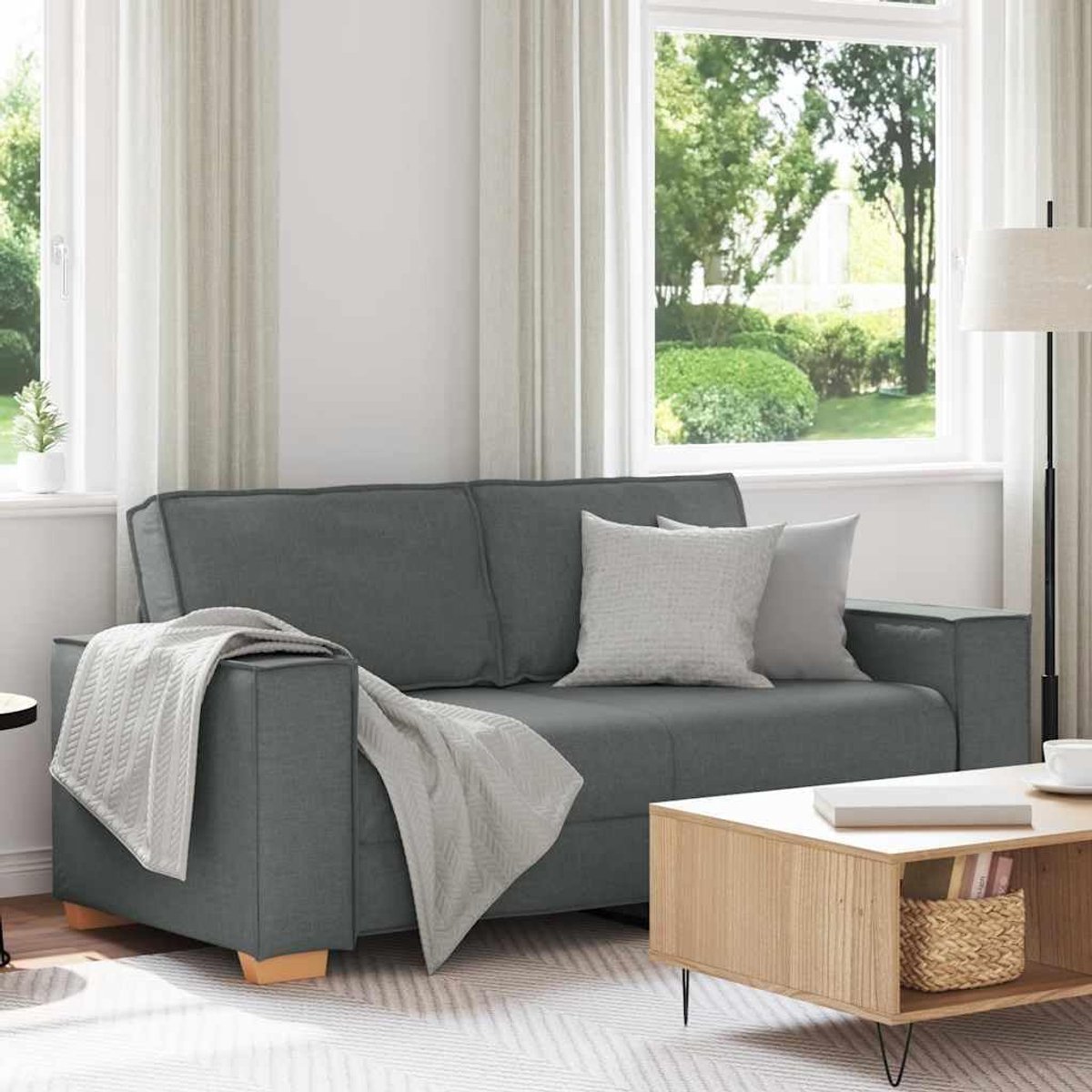 2-zitsbank, donkergrijs, 140 cm, stoffen bekleding, woonkamer, zitmeubel met brede armleuningen, stabiel frame van hout en metaal, veelzijdig gebruik voor kantoor en logeerkamer, donkergrijs