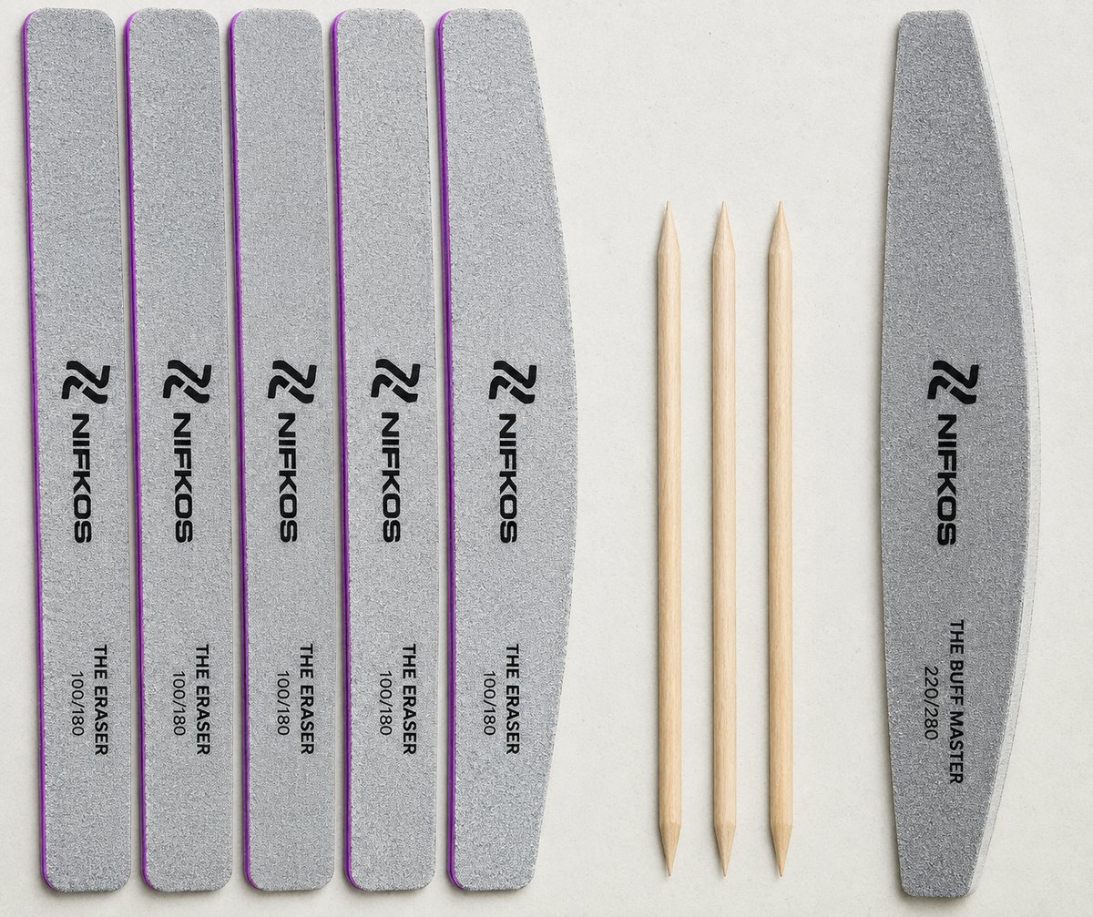 Nifkos Professionele Nagelvijlen Set – 9-Delig – 5x Halve Maan Nagelvijl "The Eraser" (Grit 100/180) + 1x Buffervijl "The Buff Master" (Grit 220/280) + 3x Bokkenpootjes – Manicure & Pedicure Set voor Natuurlijke Nagels, Gellak, Polygel & Acryl
