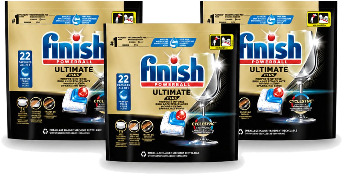 3 x Finish - Vaatwasmiddel - Ultimate Plus Vaatwastabletten Regular - Krachtige Alles-in-1 Reiniging - 22 capsules - Voordeelverpakking - 3 stuks
