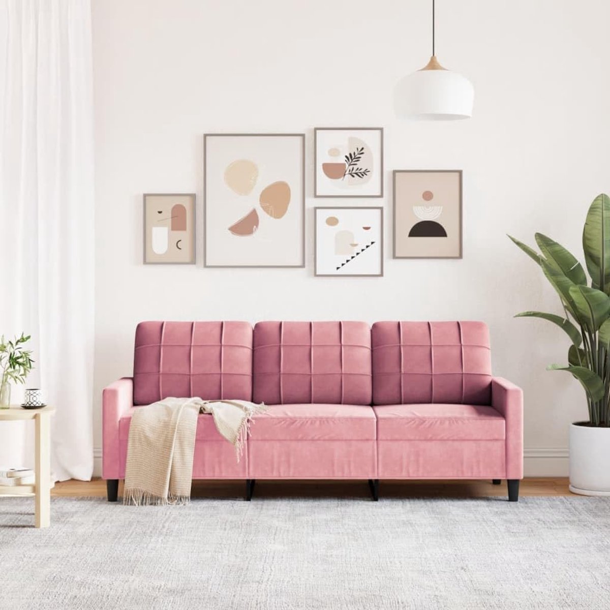 3-zitsbank, modern, voor woonkamer, van fluweel, roze, 197 x 77 x 80 cm, moderne fluwelen 3-zitsbank in modern fluweel