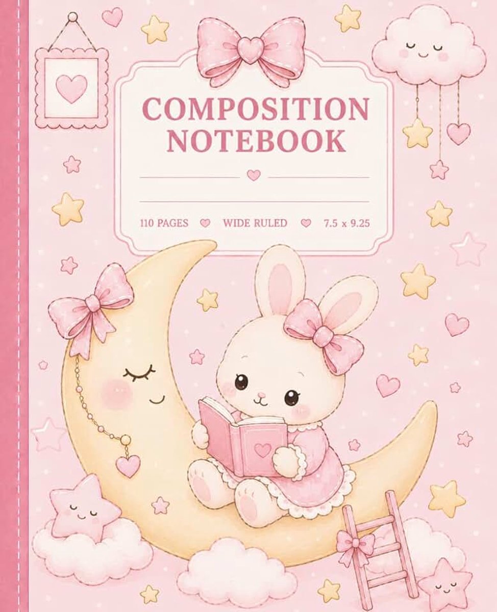 Bunny Wide Ruled 7.5" x 9.25 Adorable bunny reading on a crescent moon