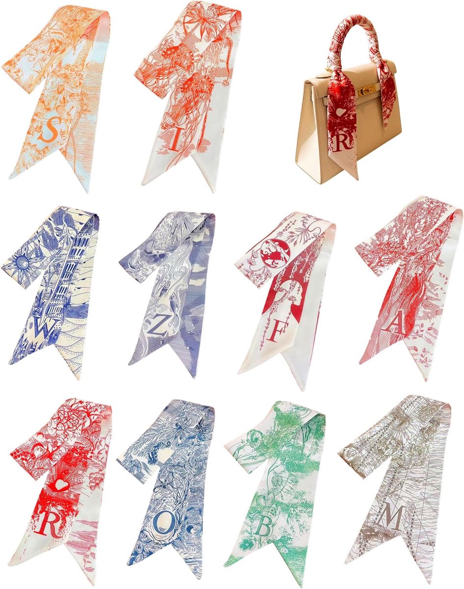 Set van 10 smalle zijden sjaals voor haar, tas en hals - damessjaal van smalle zijde,hoofddoek, bandana voor dames, elegant cadeau, bloemenprint