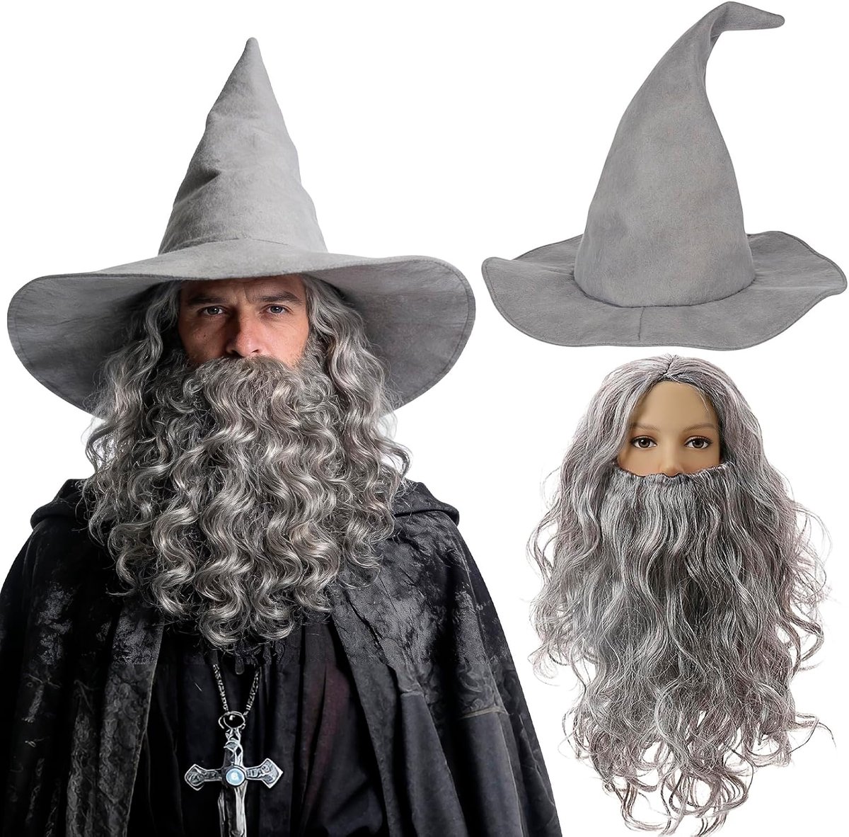 Tovenaarshoed met heksenhoed met baard, grijze tovenaarshoed met lange pruik en baard voor volwassenen, tovenaarskostuum voor heren, grappig voor opa, magiërs, profeet, Viking, ouderdom, voor carnaval