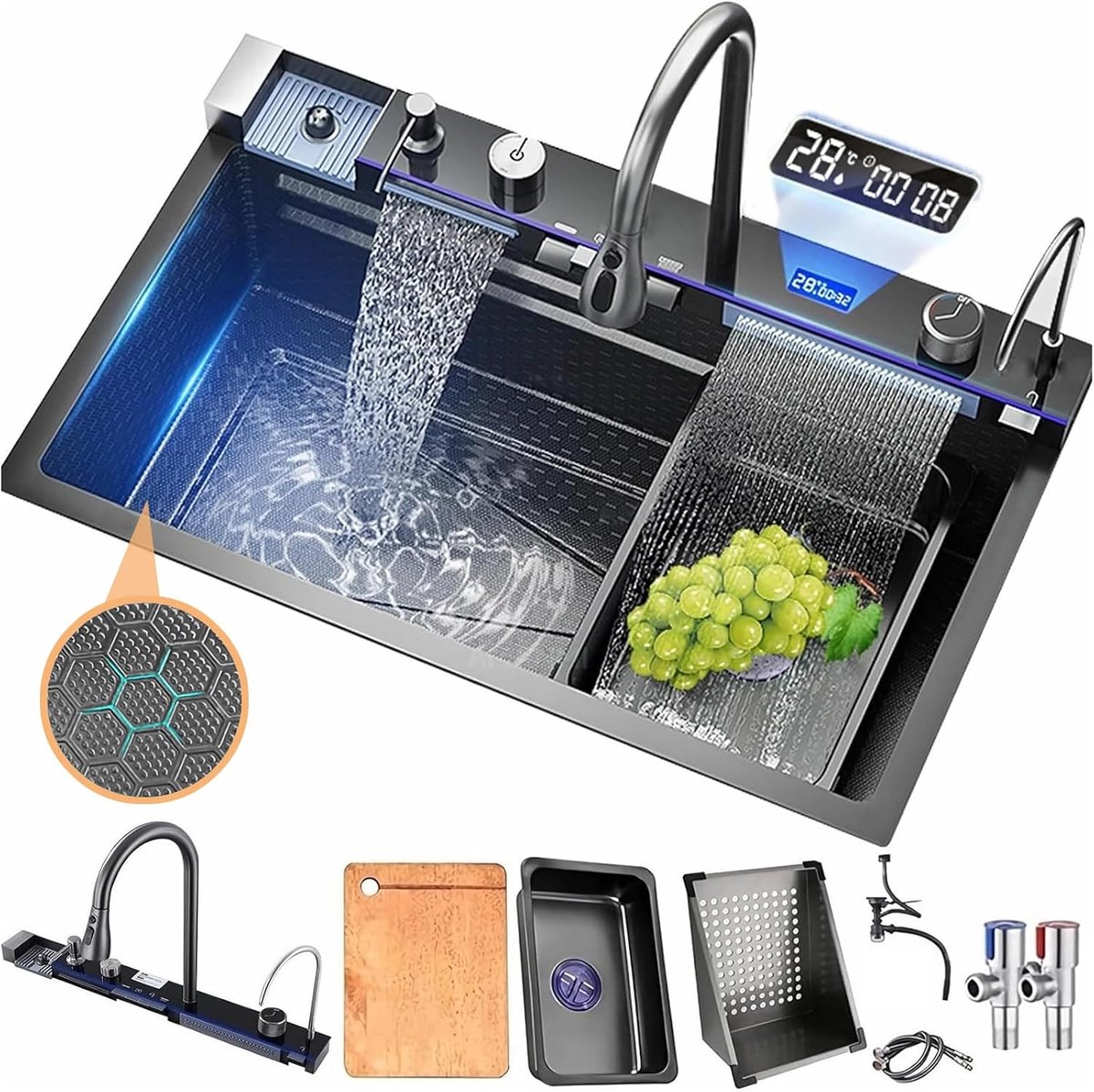 304 roestvrijstalen spoelbak Slimme spoelbak met LED-display Multifunctionele spoelbak met kraan, zeepdispenser, bekerwasmachine (donkergrijs, 80 x 45 cm)