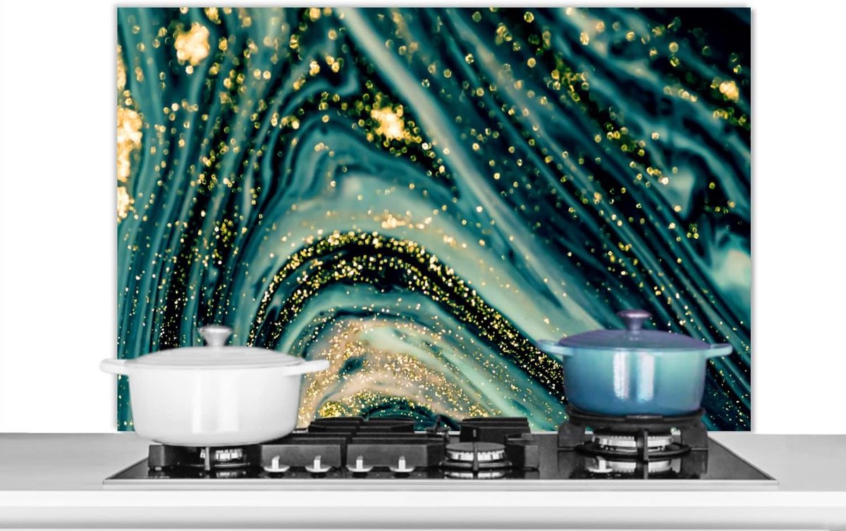 Spatscherm Keuken - 100x65 cm - Marmerlook - Luxe - Goud - Turquoise - Glitter
