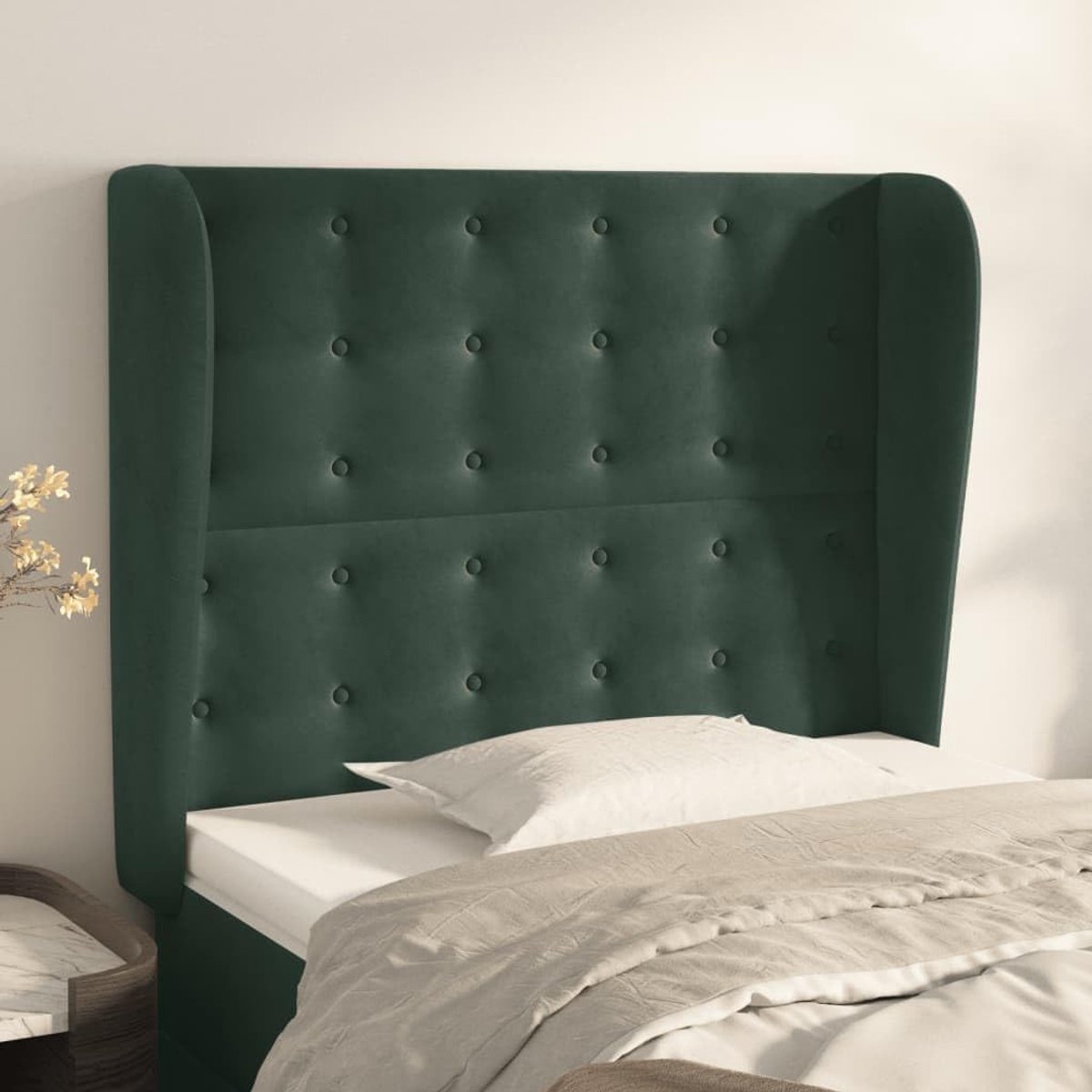 Hoofdbord met oren, donkergroen, 83 x 23 x 118/128 cm, fluweel, in hoogte verstelbaar, stijlvol design, robuuste houten poten, luxe stof