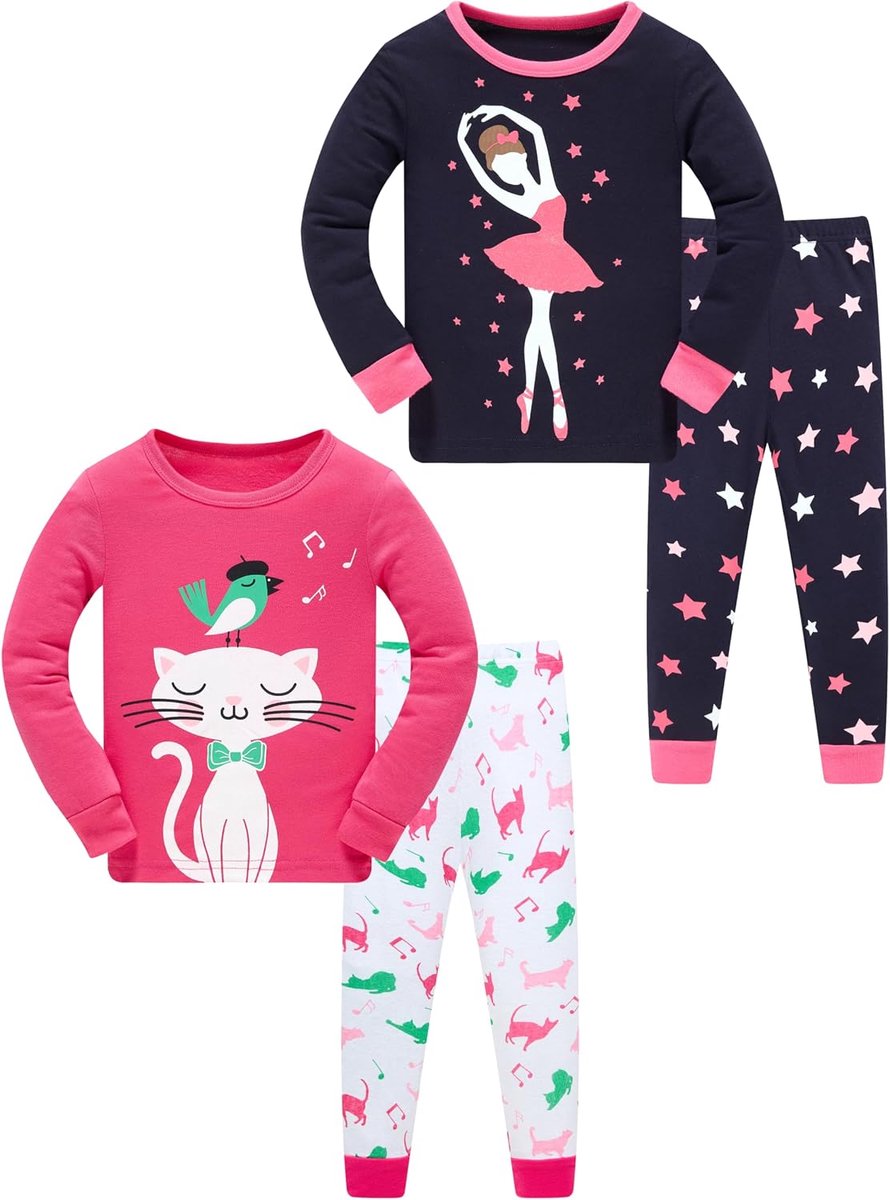 100% katoen, pyjama voor kinderen, slaapkleding, lange mouwen, 4-delige set, 1-12 jaar