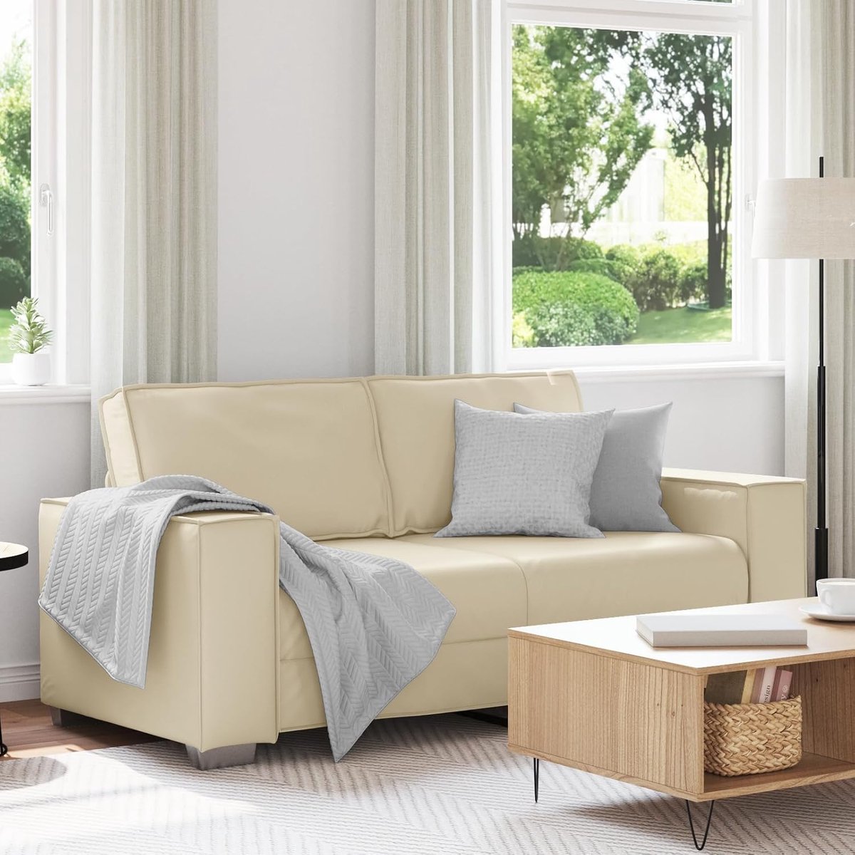2-zits Loveseat sofa 140 cm crème kunstleer met bruin accent, comfortabele stoelen en gestructureerde kussens voor woonkamer en kantoor, robuust stalen frame constructie,