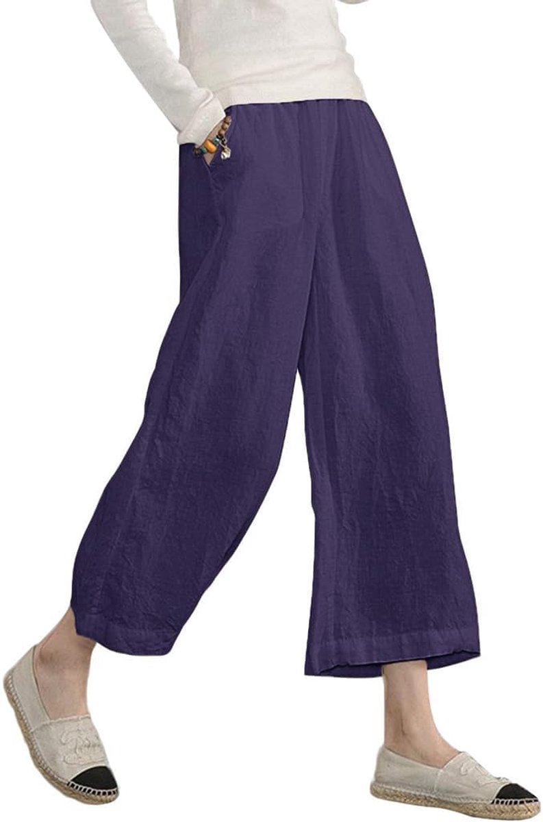 Damesbroek, elastische taille, brede broek, vloeiend, cargobroek, zomer, 7/8, katoen
