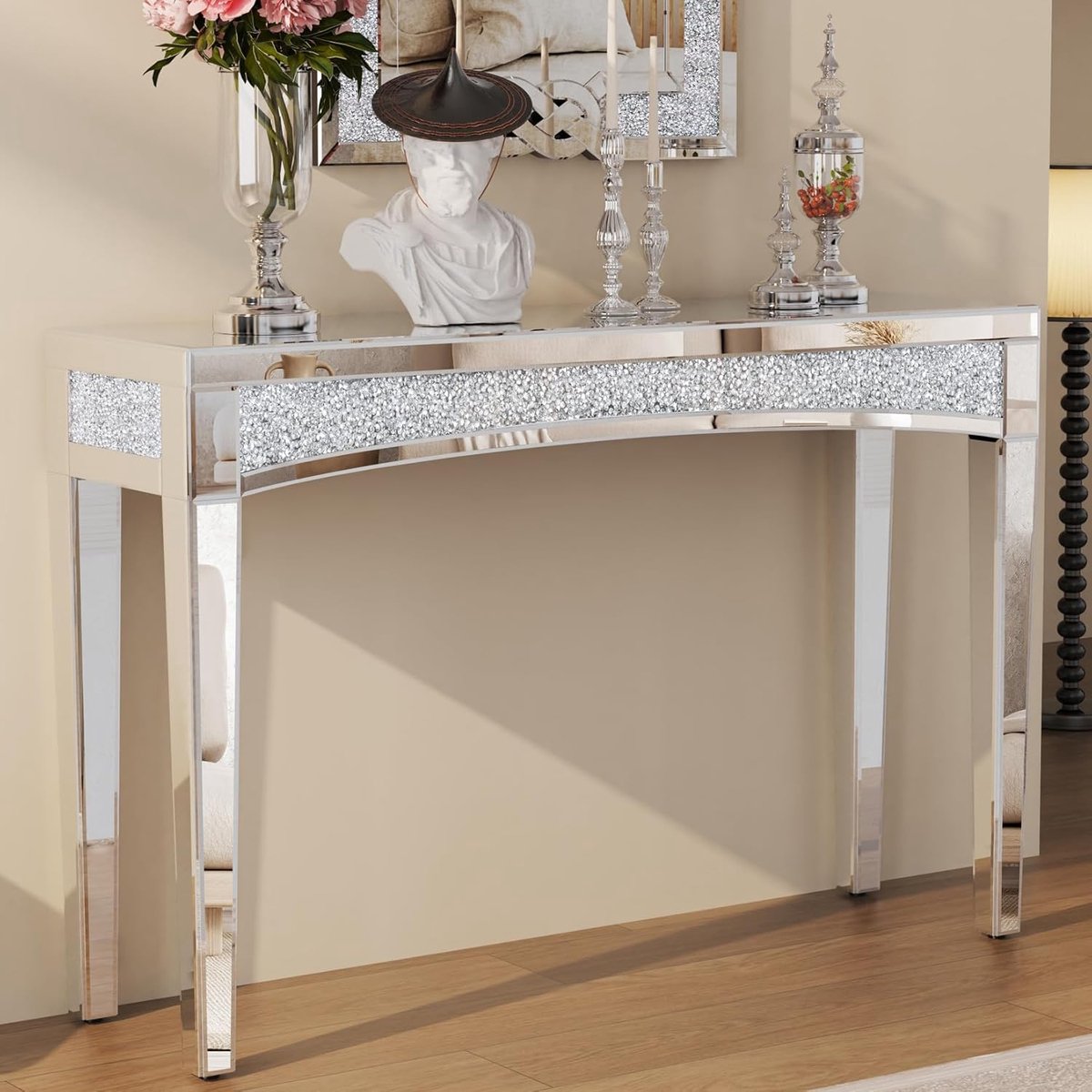 Consoletafel met spiegeloppervlak: 120 x 35 x 80 cm, moderne zilveren haltafel van glas met glanzende diamanten, luxe decoratie voor hal, kaptafel, woonkamer, slaapkamer