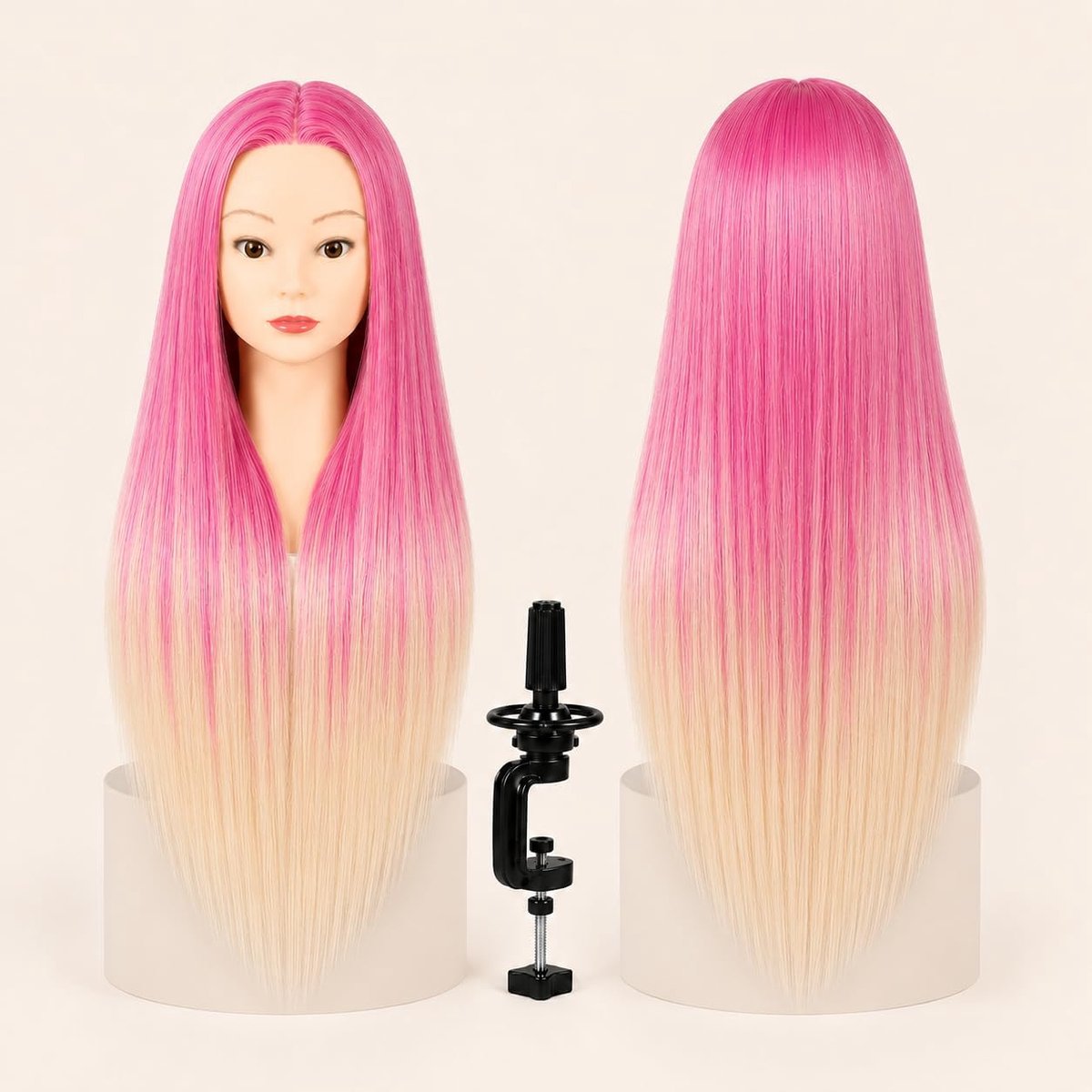 Mannequinhoofd voor kappers, kunsthaar, 60 cm / 24in, hittebestendig, met standaard, oefenhoofd voor kapsels en cosmetologie (roze blond kleurverloop)