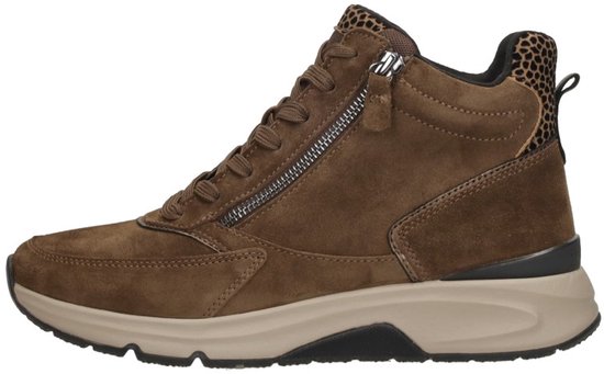 Bruine suède Gabor Rollingsoft halfhoge veterschoenen met panterprint accenten en rits.