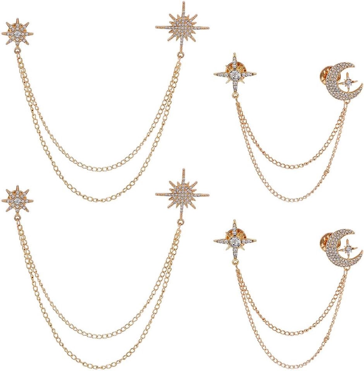4 stuks 2 stijlen strass ster broche legering ster maan kwastje prachtige reversspeld gouden strass sneeuwvlok hangende lange kwastnaalden