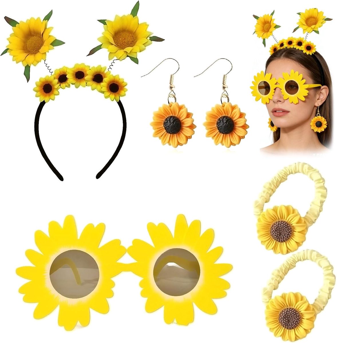 hoofdband set - 1 zonnebloem hoofdband, zonnebril, oorbellen en haarelastieken - Perfect voor carnaval, feest of Halloween