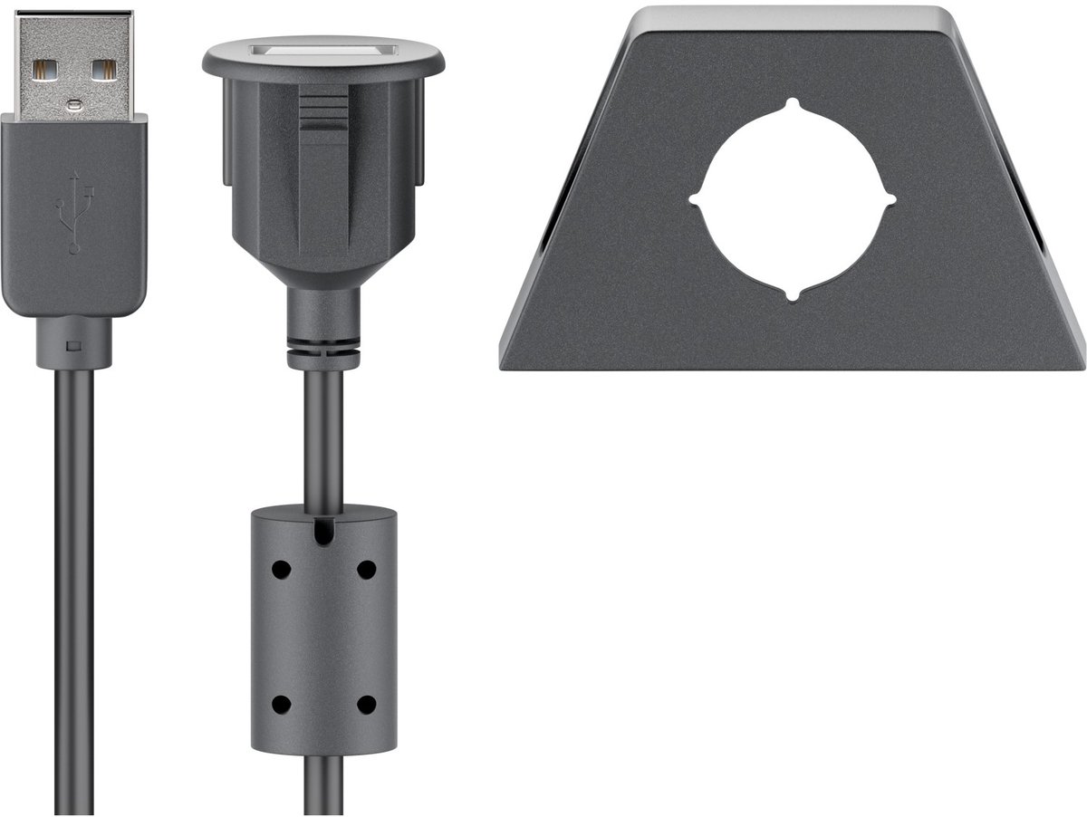 Goobay USB-A verlengkabel met bevestigingsclip, 1,2 m, zwart, 2,5 W, 0,5 A, 480 Mbit/s, USB 2.0