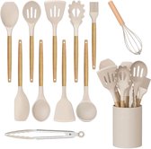 CHICFURN 12-delige Keukenhulpset voor Dagelijks Koken, Khaki Siliconen Keukengerei met Houten Handgrepen en Opbergrek, Inclusief Spatels, Lepels, Garde, Tang, Zeef, Kwast en Deegschraper, voor Keuken en Bakken