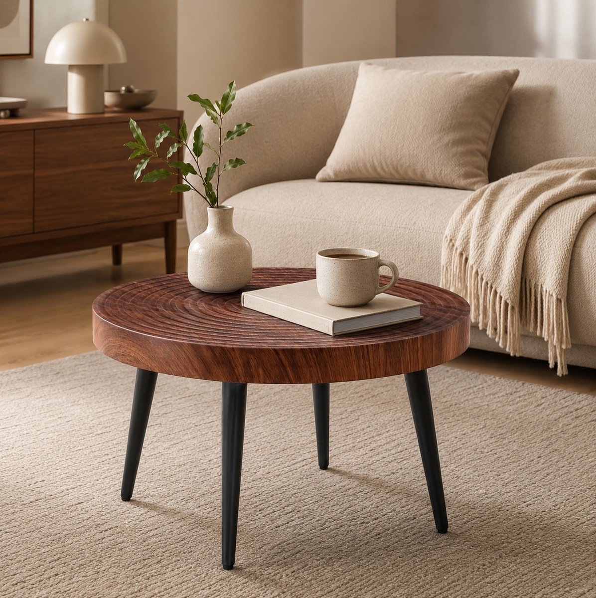REDOM Salontafel - Rond blad van 5 cm met jaarringreliëf - Stelvoeten - Zwarte metalen poten - MDF - Walnootkleur - Ø 60 x 37 cm