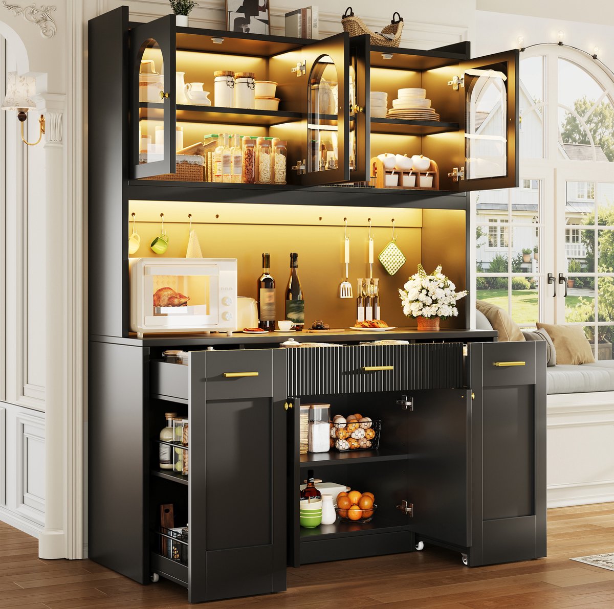 MODENUIT Keukenkast 120 bij 40 bij 187 cm - RGB-Ledverlichting met Bediening via App - Keuken - MDF - Zwart
