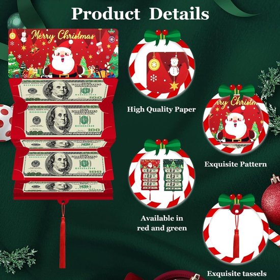 geldcadeauenvelop, 10 vakken, ontwerp met kerstman gouden pompon, elegant cadeau voor contant geld of cadeaukaart — afbeelding 4