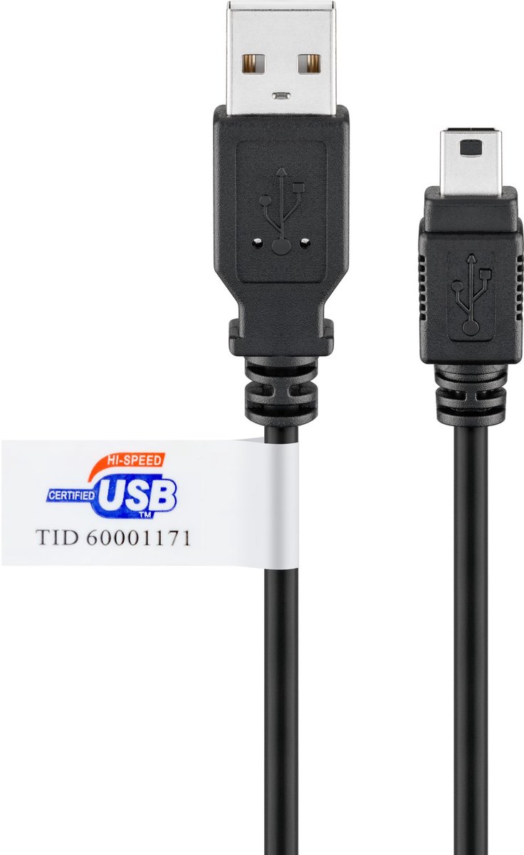 Image of Goobay USB-A naar Mini-B kabel 1,8 m zwart gecertificeerd, USB 2.0 met 480 Mbit/s, 2,5 W en 0,5 A, voor smartphones en camera's