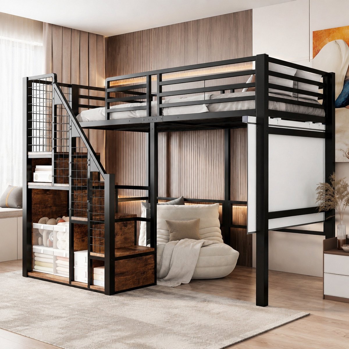 WUVRIE Hoogslaper 90x200 cm met trap, opbergruimte en veiligheidshek, zwart kinderbed