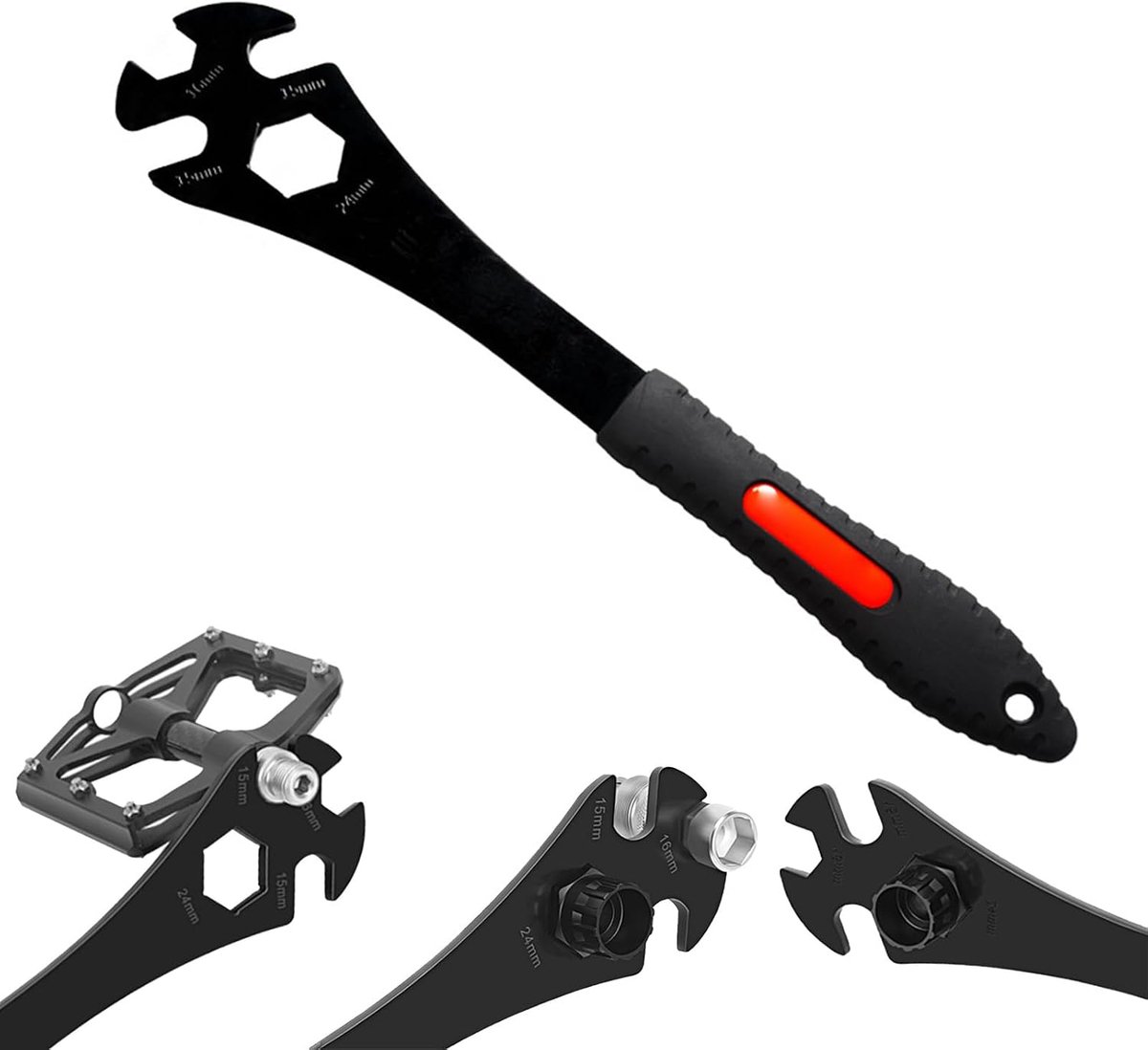 3-in-1, fietspedaalsleutel, 15/16/24 mm, cranktrekker, fietsreparatiegereedschap voor demontage, reparatie van mountainbikes, vouwfietsen, racefietspedalen (zwart)