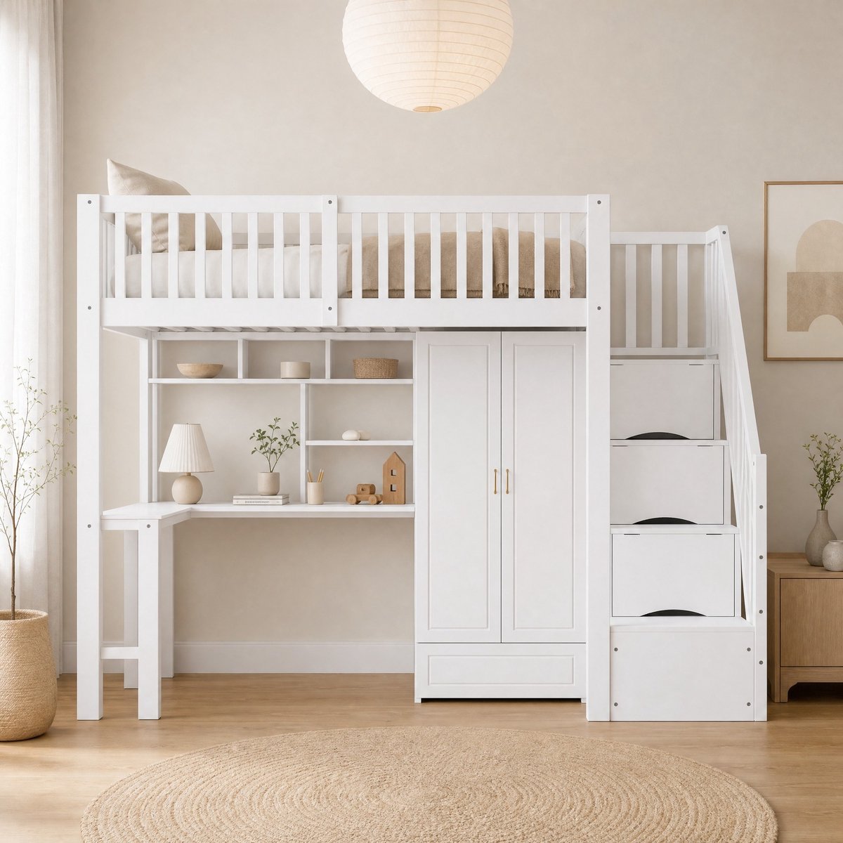 WUVRIE Hoogslaper 90 x 200 cm met kledingkast, bureau, opbergrek en traplades, wit