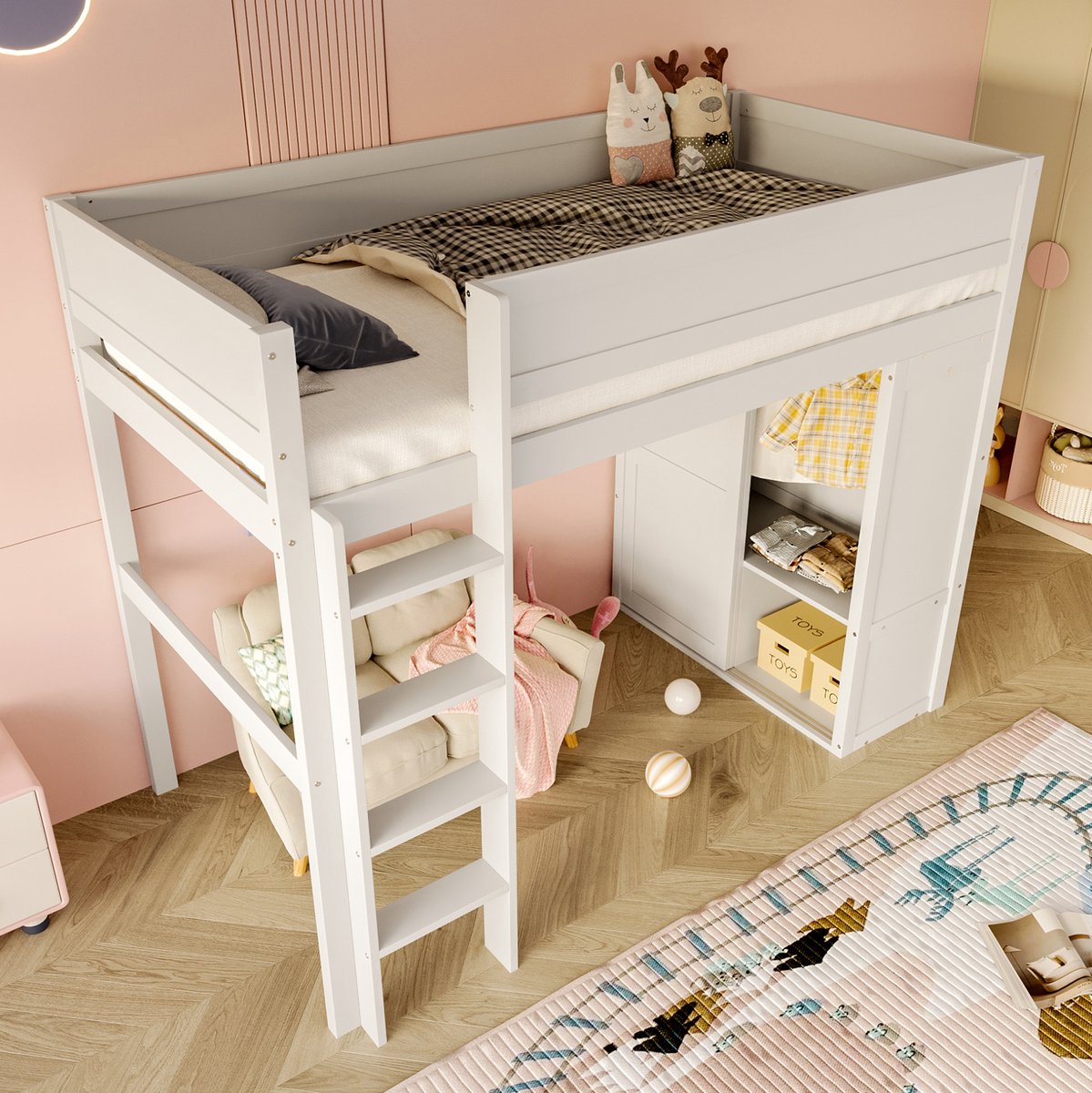 WUVRIE Hoogslaper 90x200 cm met kledingkast, opbergvak, ladder en uitvalbeveiliging, wit