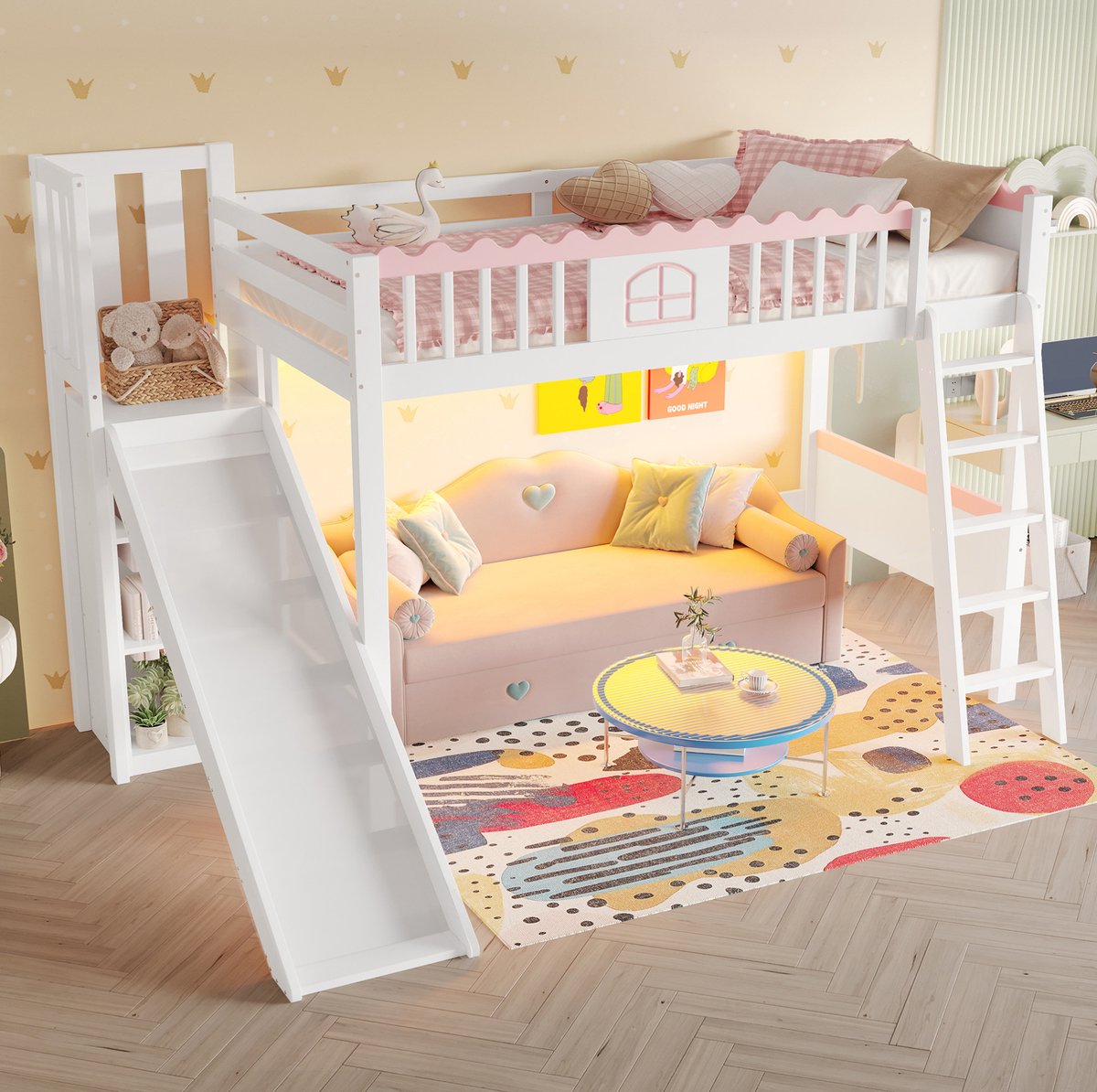 WUVRIE Hoogslaper 90x200 cm met glijbaan, LED-verlichting en 3 opbergrekken, wit/roze kinderbed