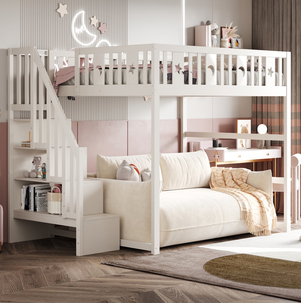 WUVRIE Hoogslaper 140x200 cm met trap, opbergplanken, zitruimte en veiligheidshek, wit