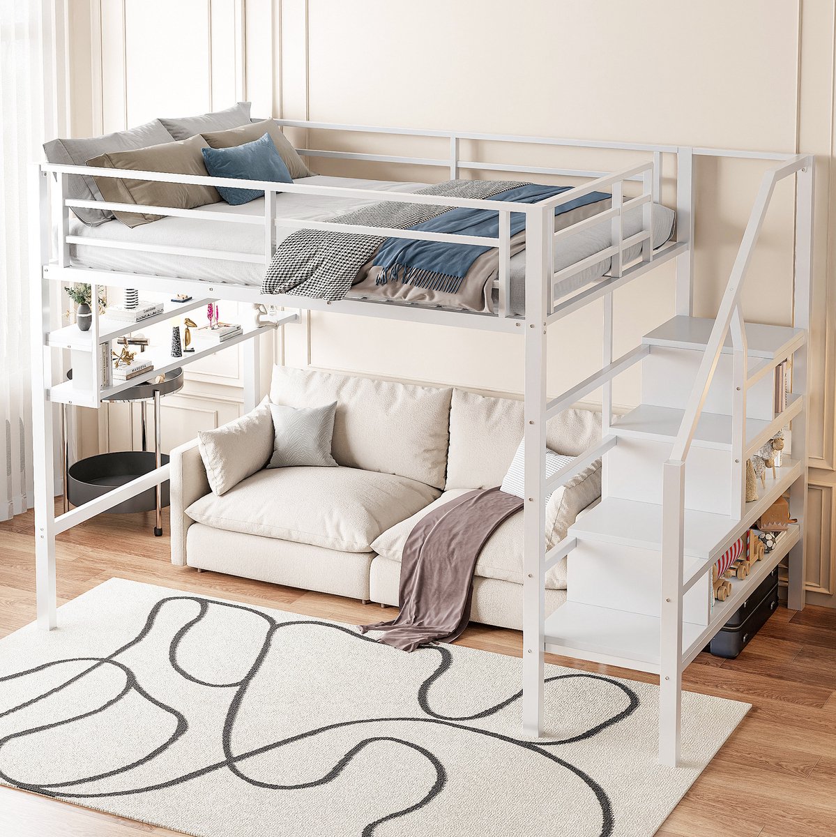WUVRIE Hoogslaper 140x200 cm met opbergtrap, legplanken en veiligheidshek, wit