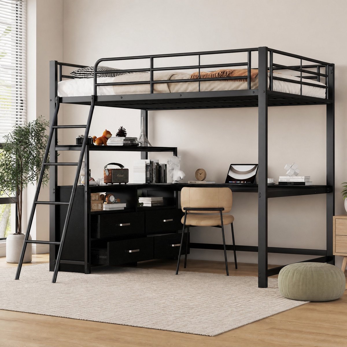 WUVRIE Hoogslaper 140x200 cm met L-vormig bureau, lades, opbergruimte en ladder, zwart