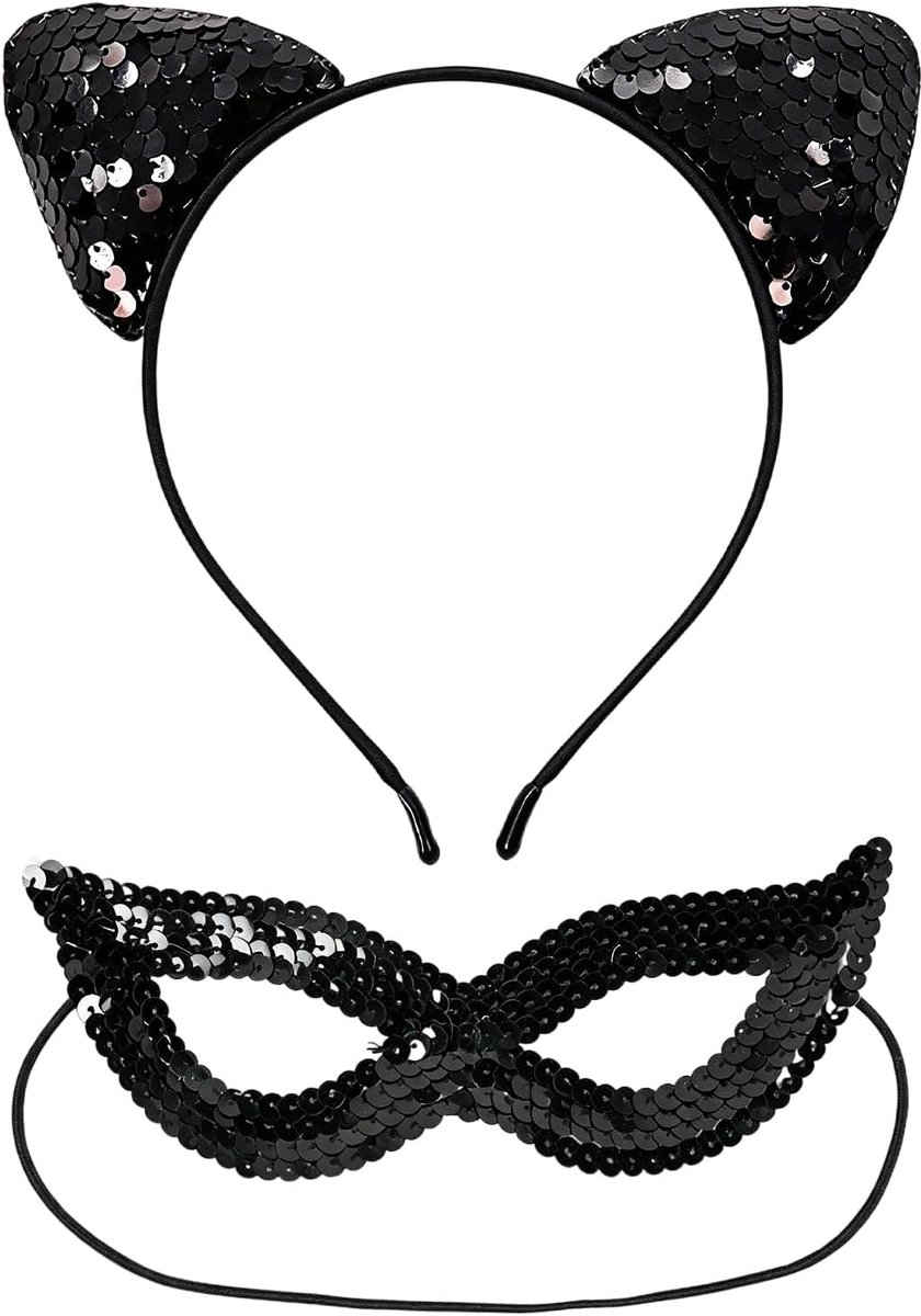 2-delige zwarte kattenkostuumset, glitter pailletten kattenoren hoofdband, elegant masker voor Halloween, carnaval, Venetiaans feest, cosplay accessoires