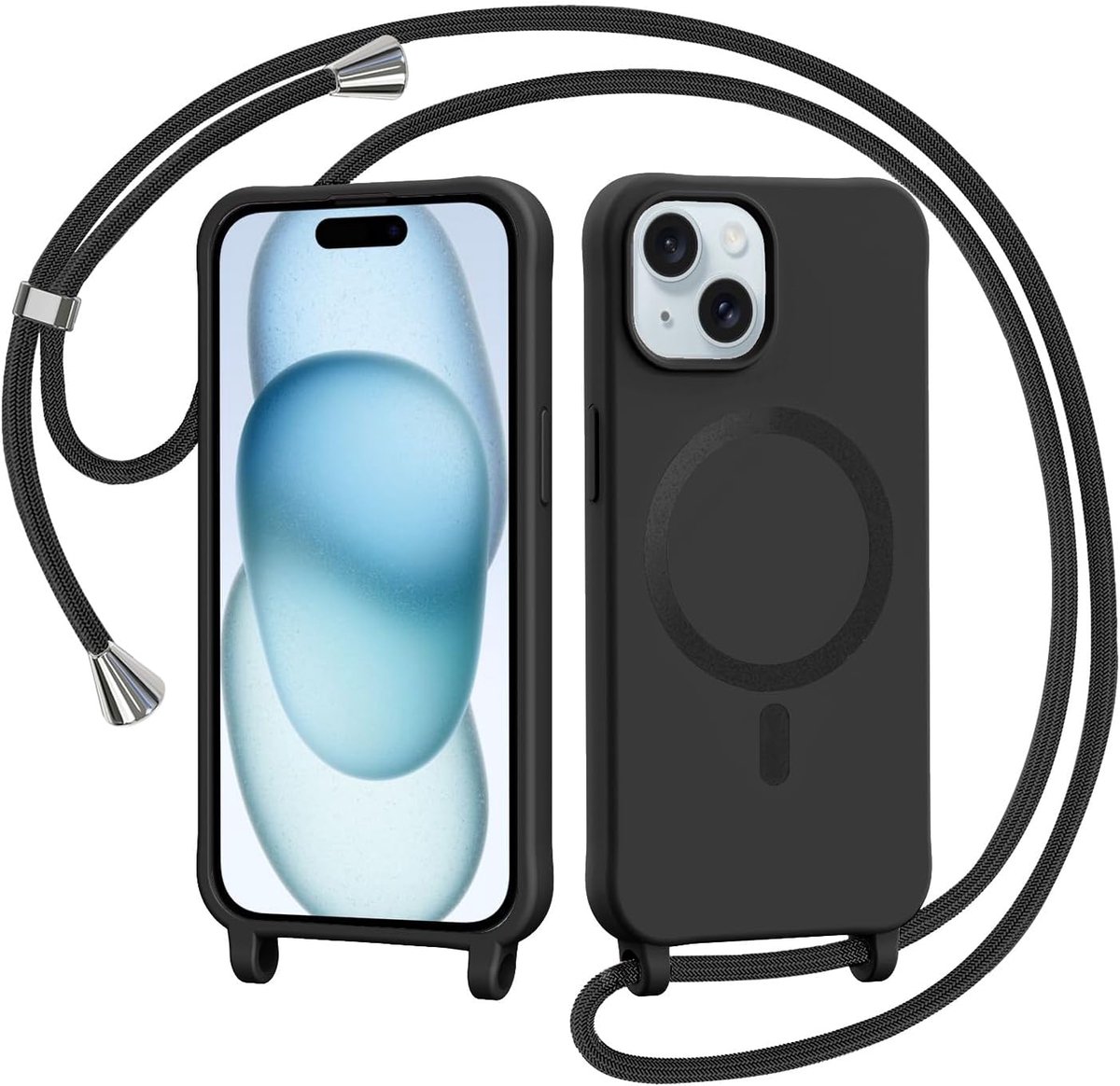 Beschermhoes voor iPhone 15 met omhangband, compatibel met MagSafe, beschermhoes met omhangkoord, halsketting, schouderriem, vloeibare siliconen, schokbestendig, TPU, schokbestendig