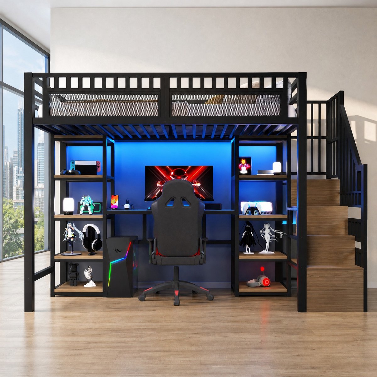 WUVRIE Hoogslaper 90 x 200 cm met bureau, opbergtrap, LED-verlichting en USB-aansluitingen, zwart