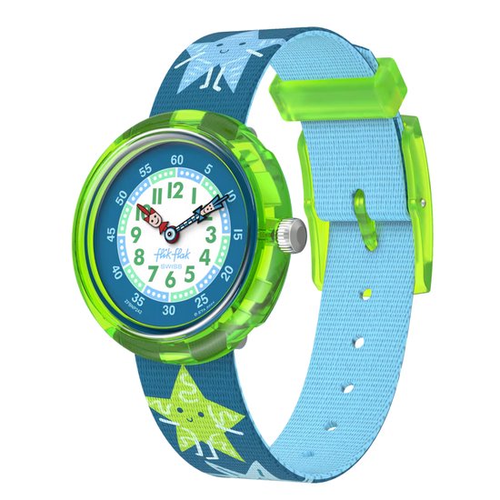 Montre Flik Flak avec bracelet bleu à étoiles, boîtier vert et cadran avec chiffres.