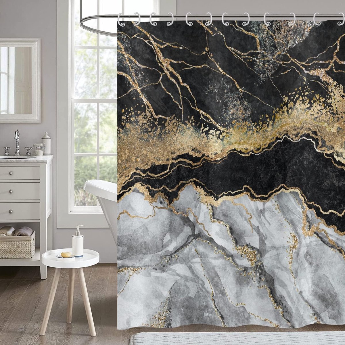 Marmeren Douchegordijn 180x200, Grijs Goud Glitter Douchegordijnen Abstracte Crack Inkt Textuur Moderne Luxe Kunst Badkamer Gordijnen Waterdicht Polyester Stof Wasbare Badgordijnen
