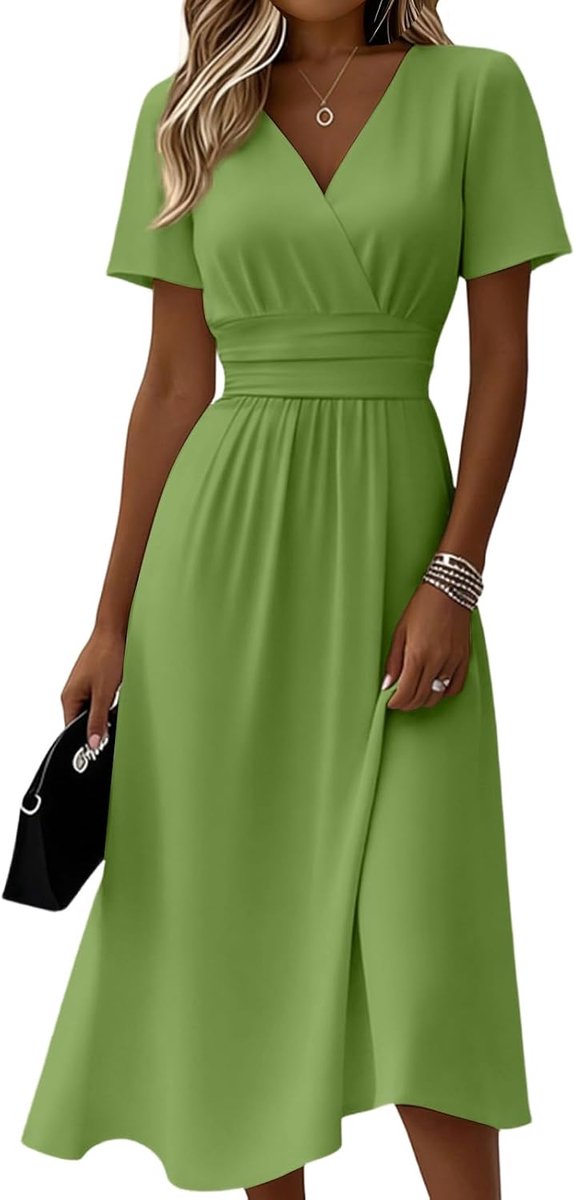 Kleider Damen Sommer Lang Tailliert Sommerkleid Damen Elegant Midi Kleid A Linie Festlich Curvy Sommerkleider Leicht Und Luftig Midikleid Frauen V Ausschnitt Kurzarm Strandkleid