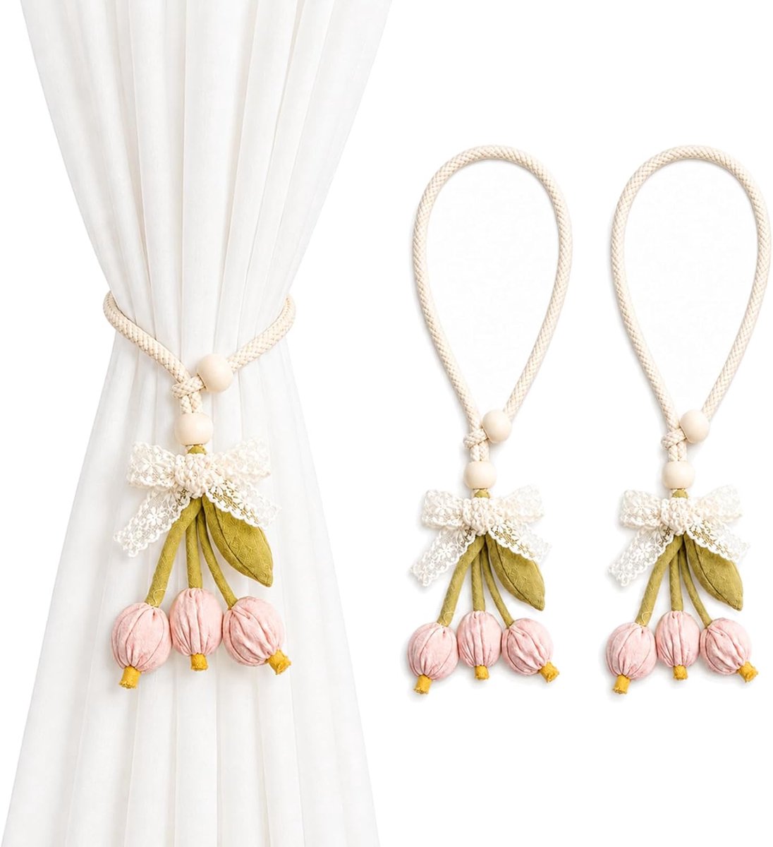 Set van 2 roze bloemen gordijn stropdas touwen tulp verstelbare kralen kant strik gordijn tie-backs elegante boho decor
