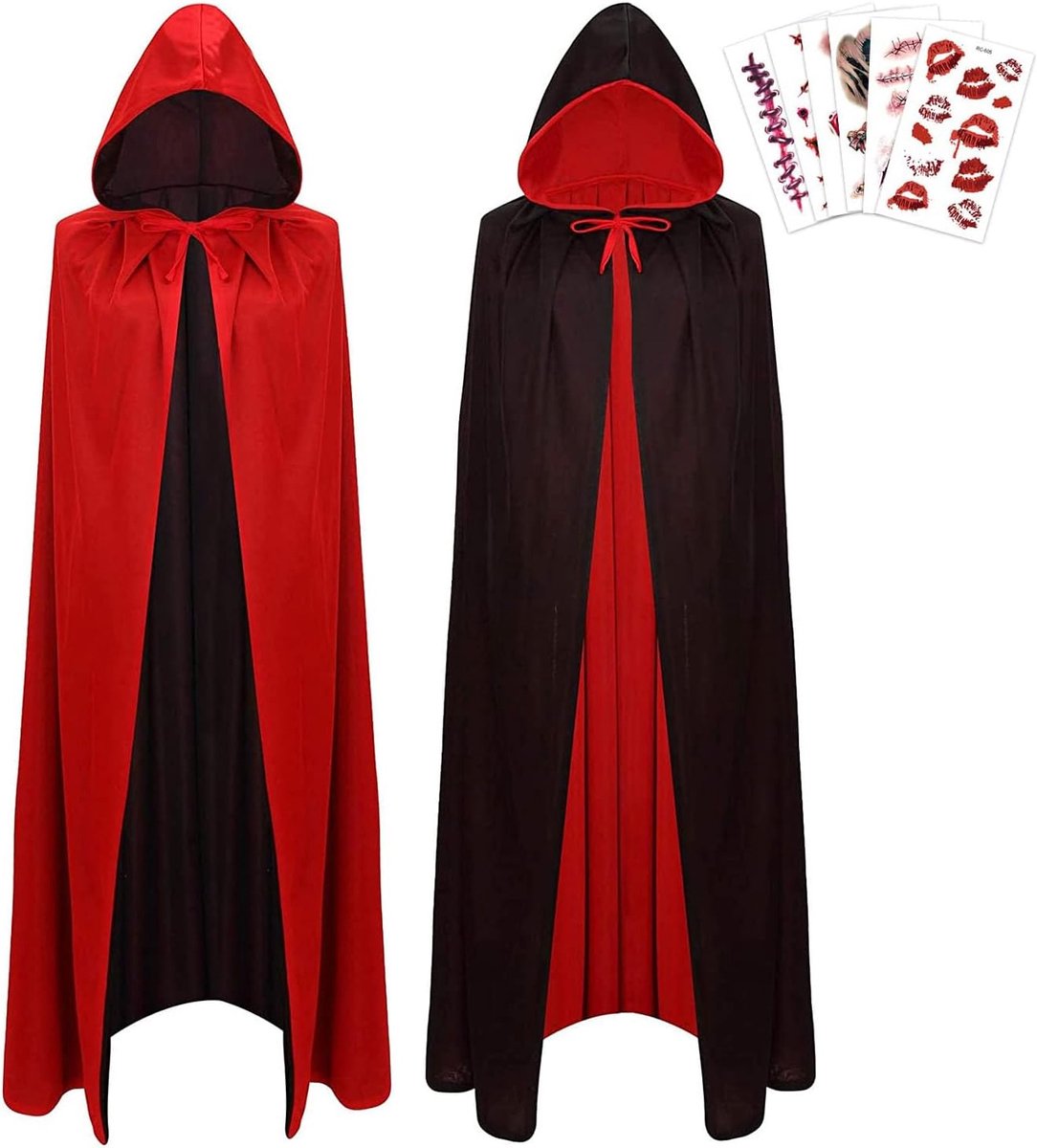 Halloweenkostuum, voor kinderen, cosplay, zwart-rood, omkeerbaar, lange cape, vampierkostuum, Halloweensticker, valse littekensticker voor gemaskerd bal, Halloween, volwassenen, uniseks, 190 cm