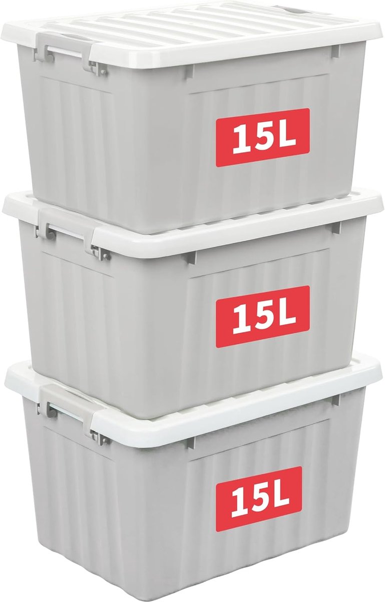 15L x 3 opbergdozen met deksels, plastic opbergbakken met vergrendelende gespen, kliksluiting, stapelbaar, nesten, organizer voor thuiskantoorkleding, grijs, 15L-3 Pack