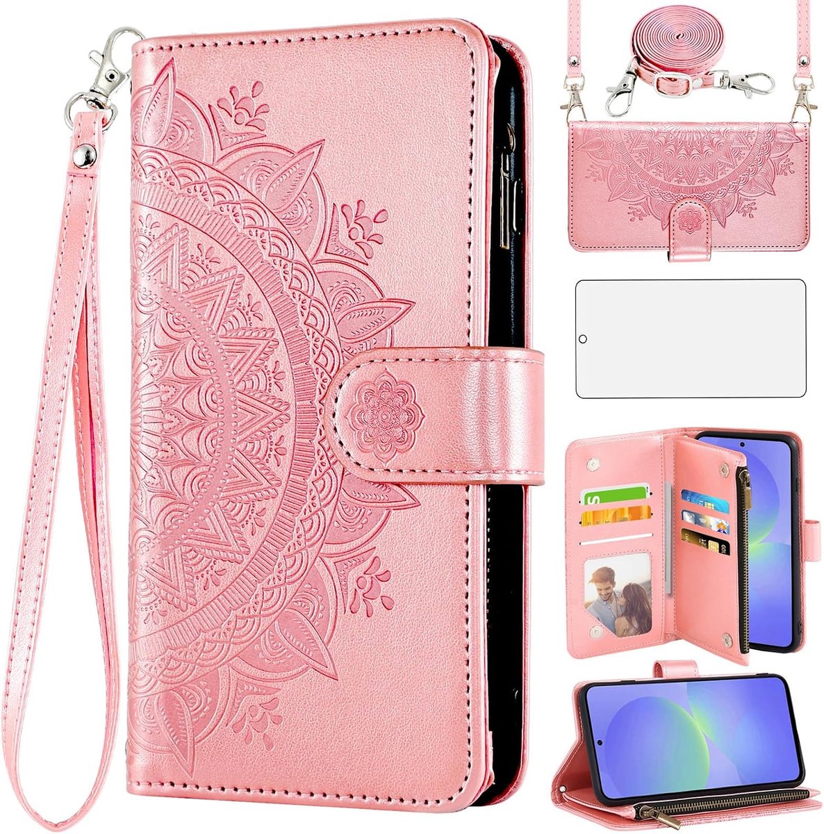 Hoes voor mobiele telefoon voor Samsung Galaxy A56 5G, hoes met band en folie, beschermfolie, kaartenvak, inklapbaar, leer, bloemen, portemonnee, standaard, A 56, 56A LTE, telefoonhoes