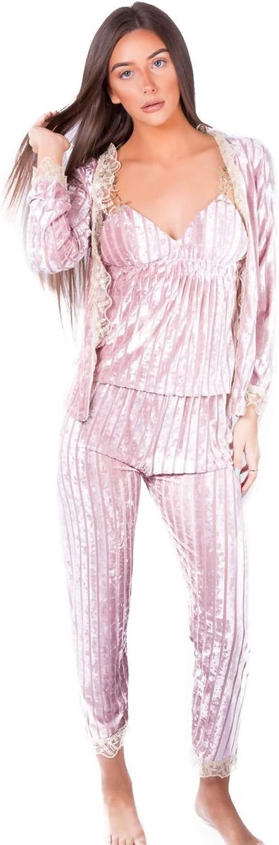 Fluwelen pyjama voor dames met badjas, roze, 8-12