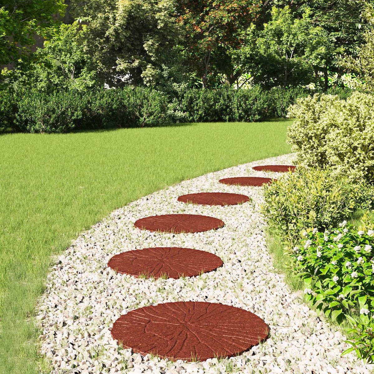 Trapstenen voor de tuin, 6 stuks, diameter 45 cm, rood, antislip trottoirplaten van robuust rubber voor gazon en tuinpaden, weerbestendige tredeelementen, eenvoudige installatie zonder gereedschap