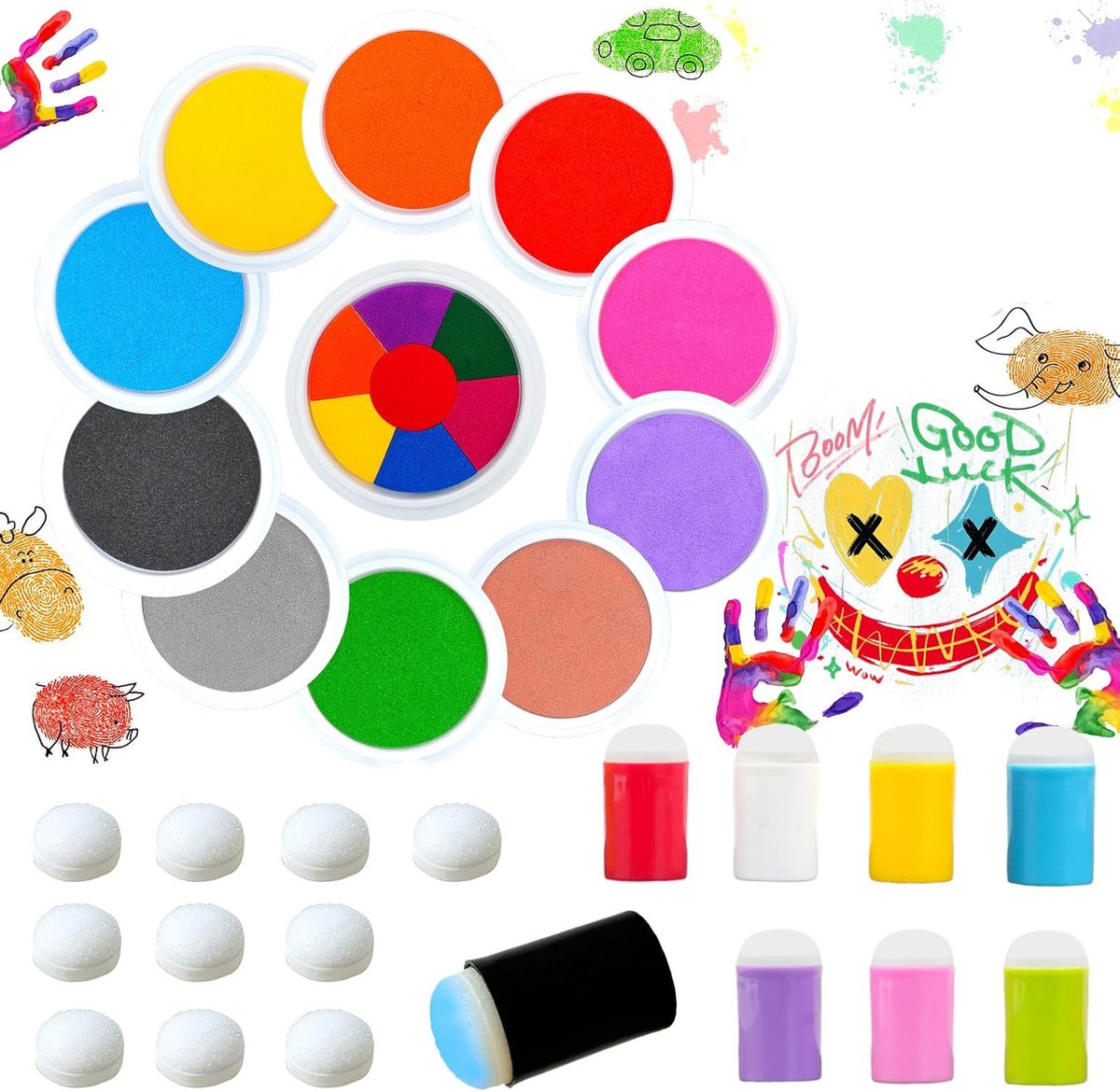 11 stuks 18 cm grote wasbare stempelkussens, kleurrijk met 18 sponsvingers, 15 kleuren, stempel, kinderstempelkleur, ronde vingerkleuren, niet giftig voor doe-het-zelf rubberen stempels, papier