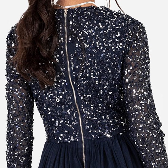 Deluxe Damesjurk voor bruiloften, V-hals, hoge taille, maxi-jurk, lange avondjurk, bruidsmeisjesjurk, marineblauw, 48 — afbeelding 3
