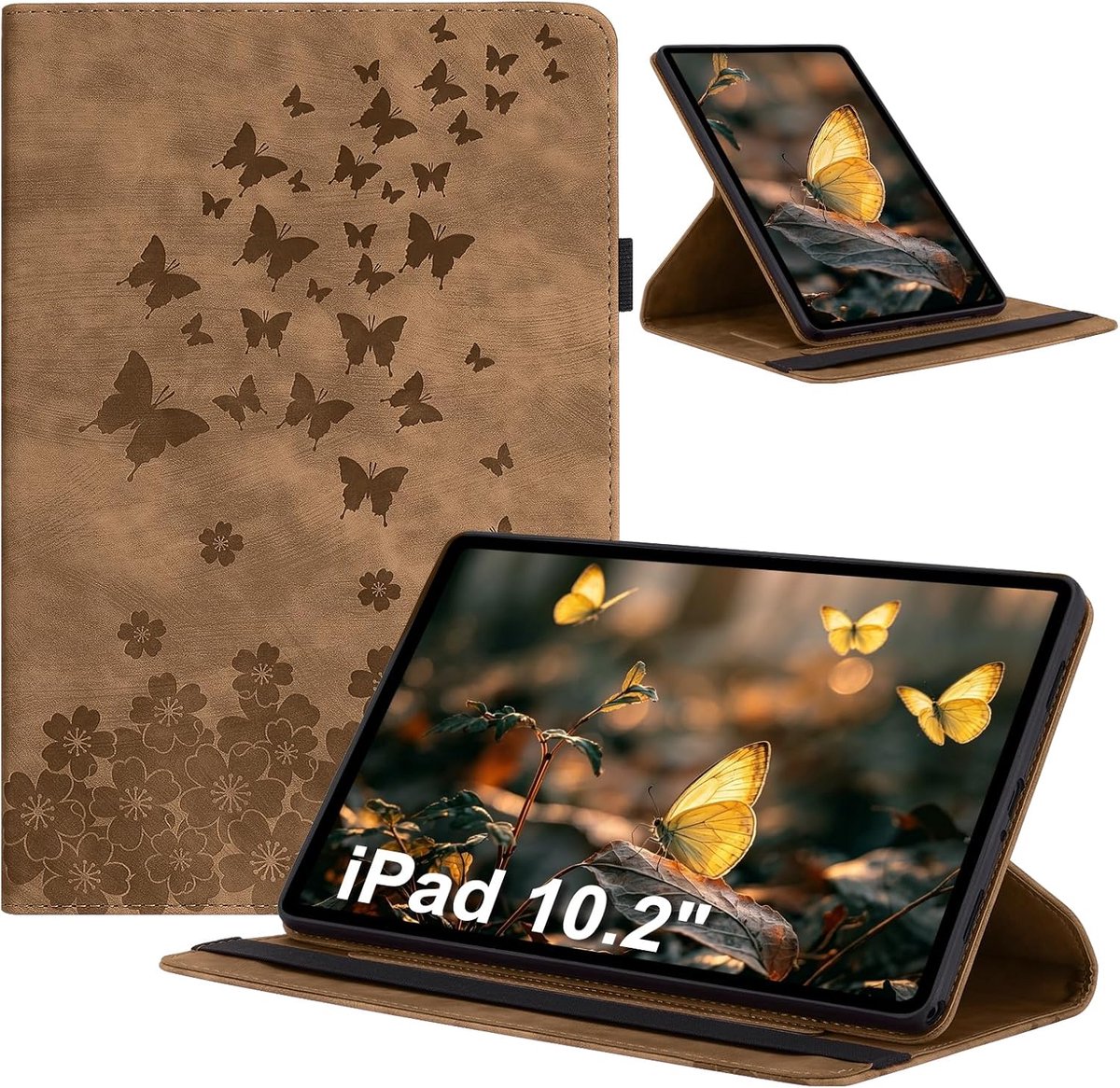 Hoes voor iPad 9e/8e/7e generatie 10,2 inch 2021/2020/2019 folio flip PU leer 360 graden draaibare multi-hoek beschermhoes met standfunctie penhouder voor iPad 10,2 inch bruin