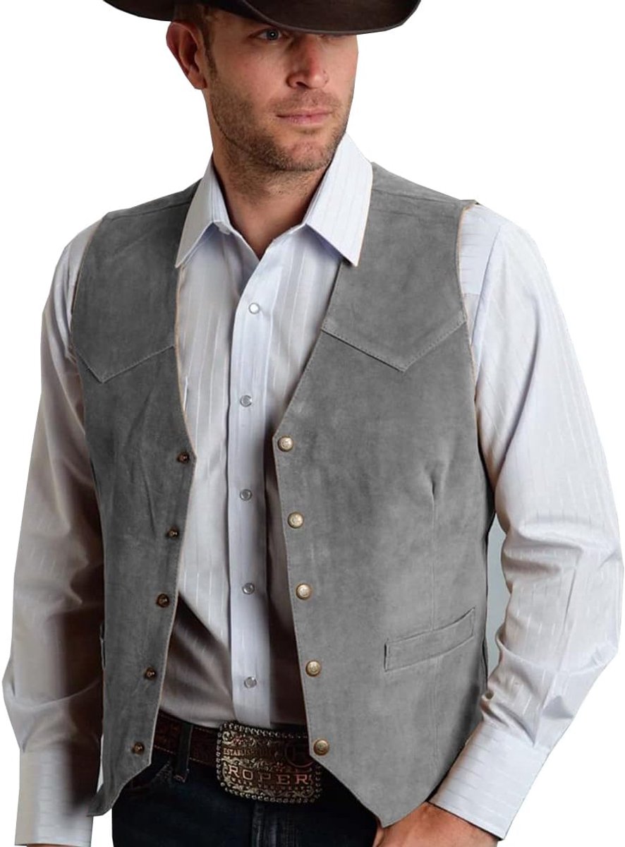 Suède pak voor heren, vest, vintage, western cowboy vest, normale pasvorm, grijs, S