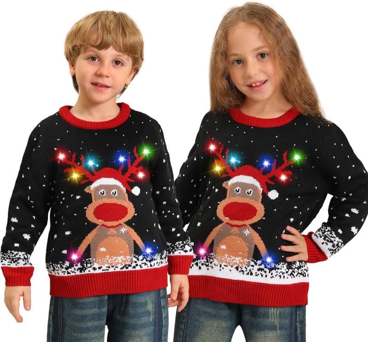 Kersttrui voor kinderen met lichtjes, grappig, ronde hals, kersttrui voor het gezin, ledlicht, ugly Christmas sweater voor kinderen, meisjes en jongens