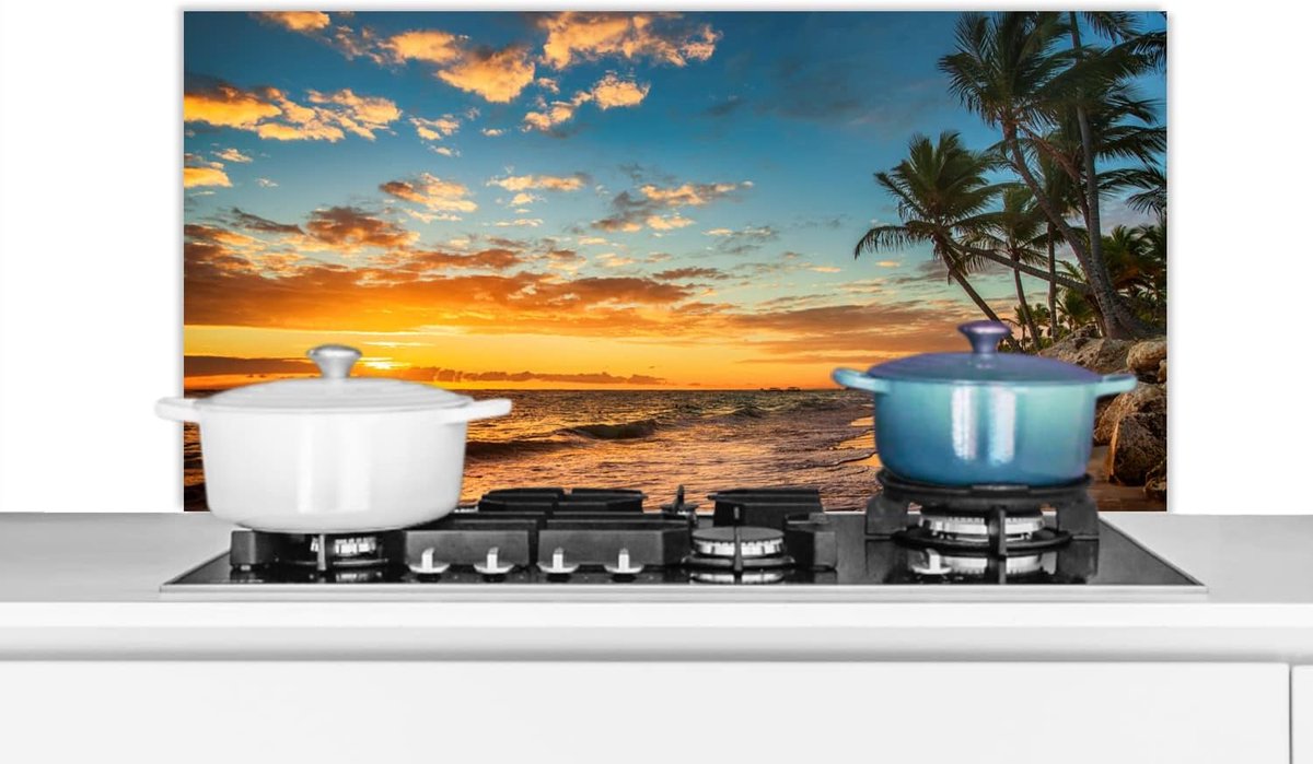 Spatscherm Keuken - 100x50 cm - Strand - Zonsondergang - Zee - Palmboom